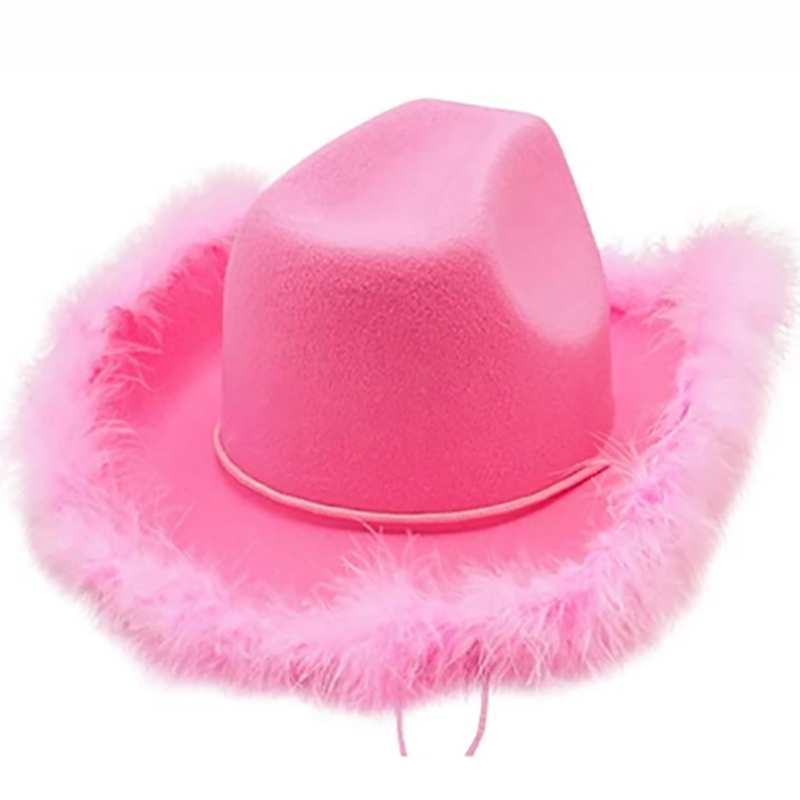 1Pc Fluffy Feather Brim Cowboy Hat Wide Brim Cowgirl Hat Rave Play ...