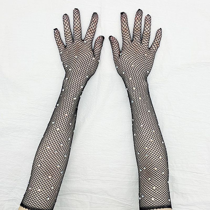 Black White Red Long Mesh Gloves With Rhinestones Hollow Fishing