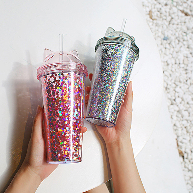 Insulated Double Wall Tumbler Cup with Lid and Straw Glittering Simple  Flash