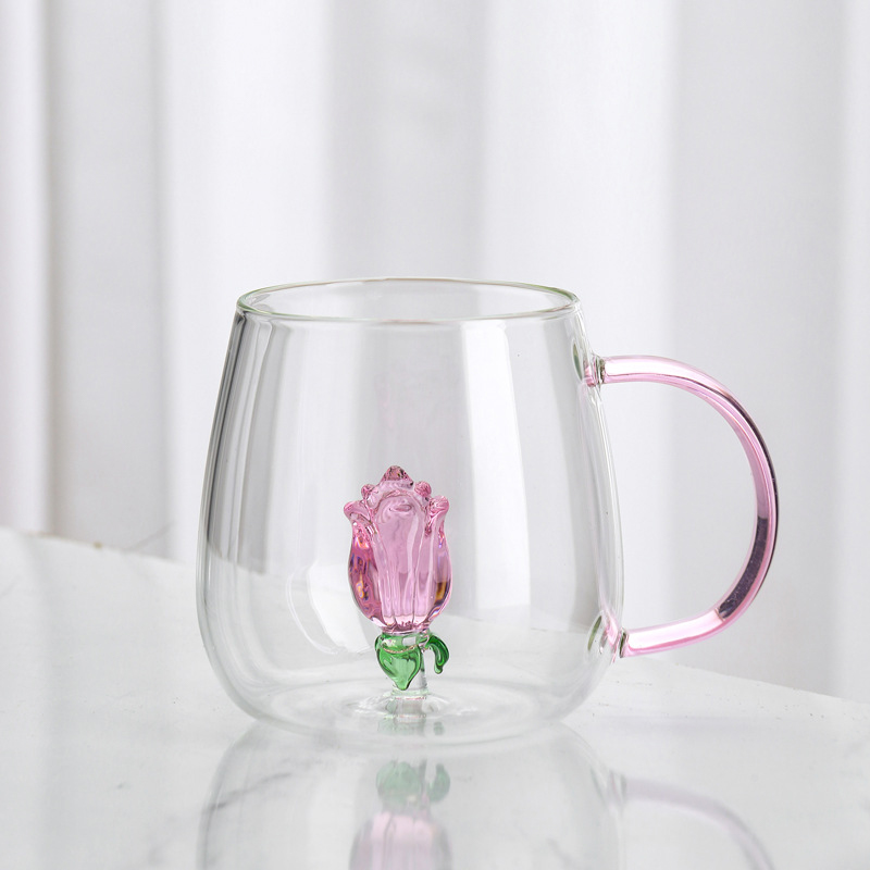 3D Rose Glass Cup with Handle Household Breakfast Cup for Juice