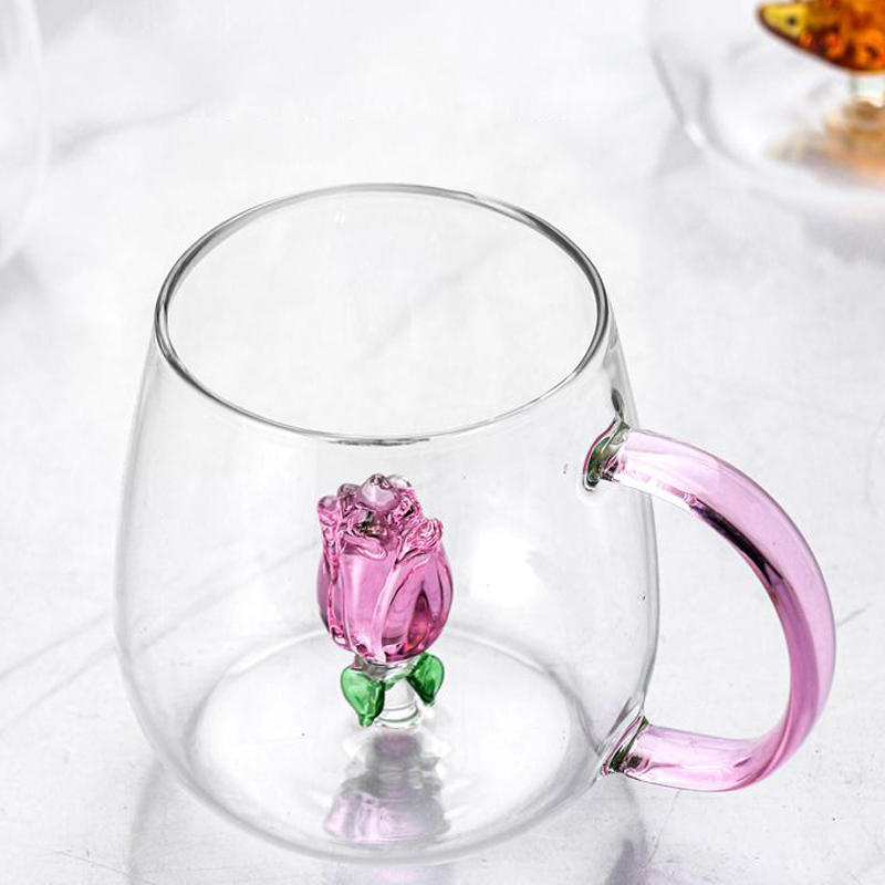 3D Rose Glass Cup with Handle Household Breakfast Cup for Juice